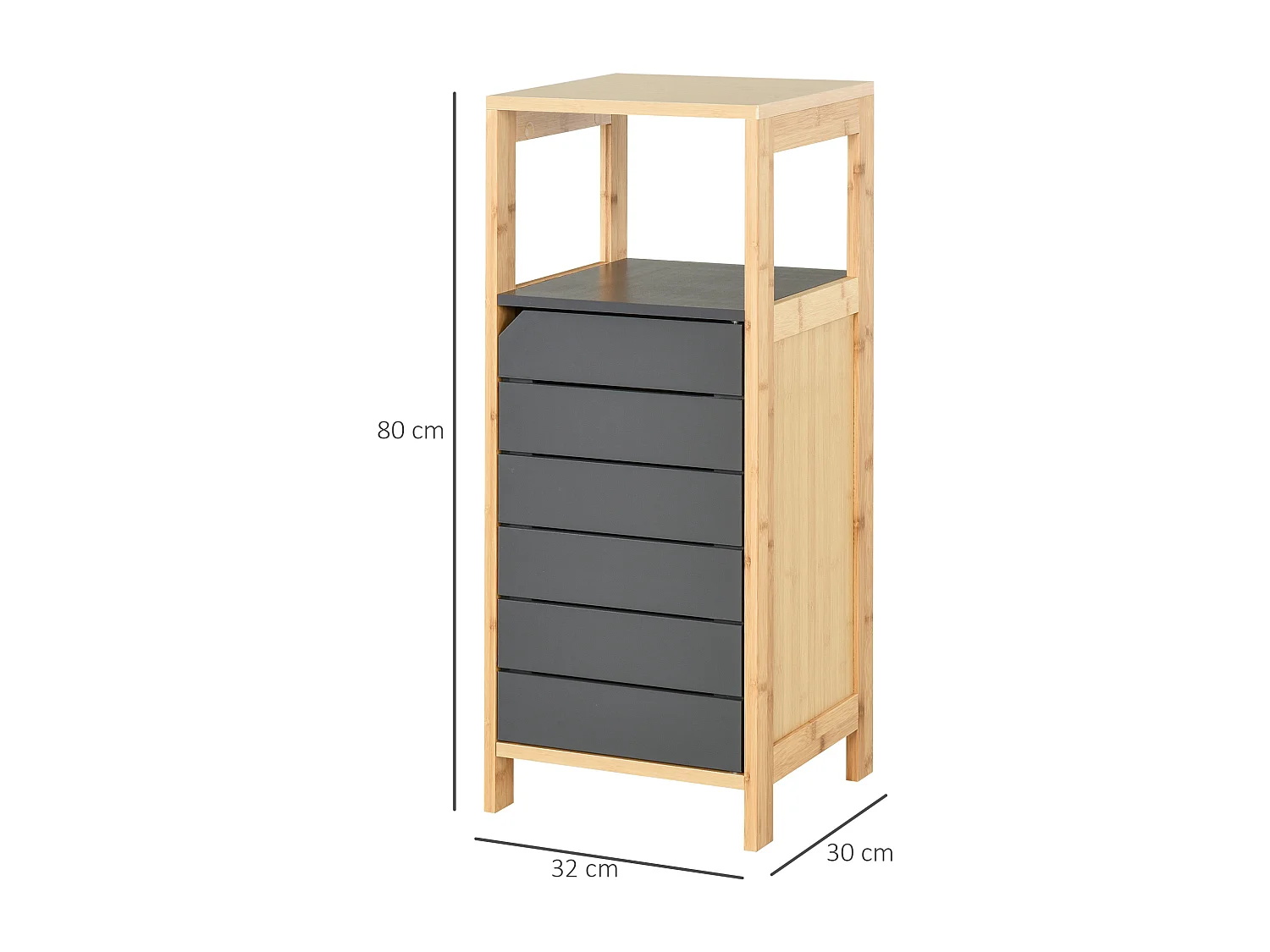 Meuble colonne rangement salle de bain style cosy dim. 32L x 30l x 80H cm porte étagères niche bambou gris