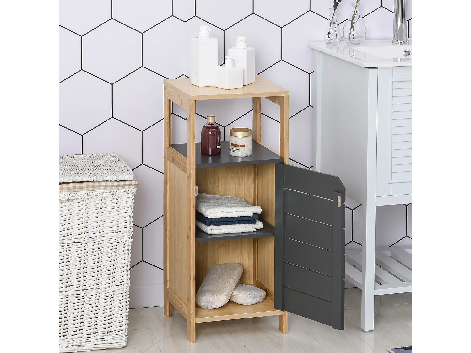Meuble colonne rangement salle de bain style cosy dim. 32L x 30l x 80H cm porte étagères niche bambou gris