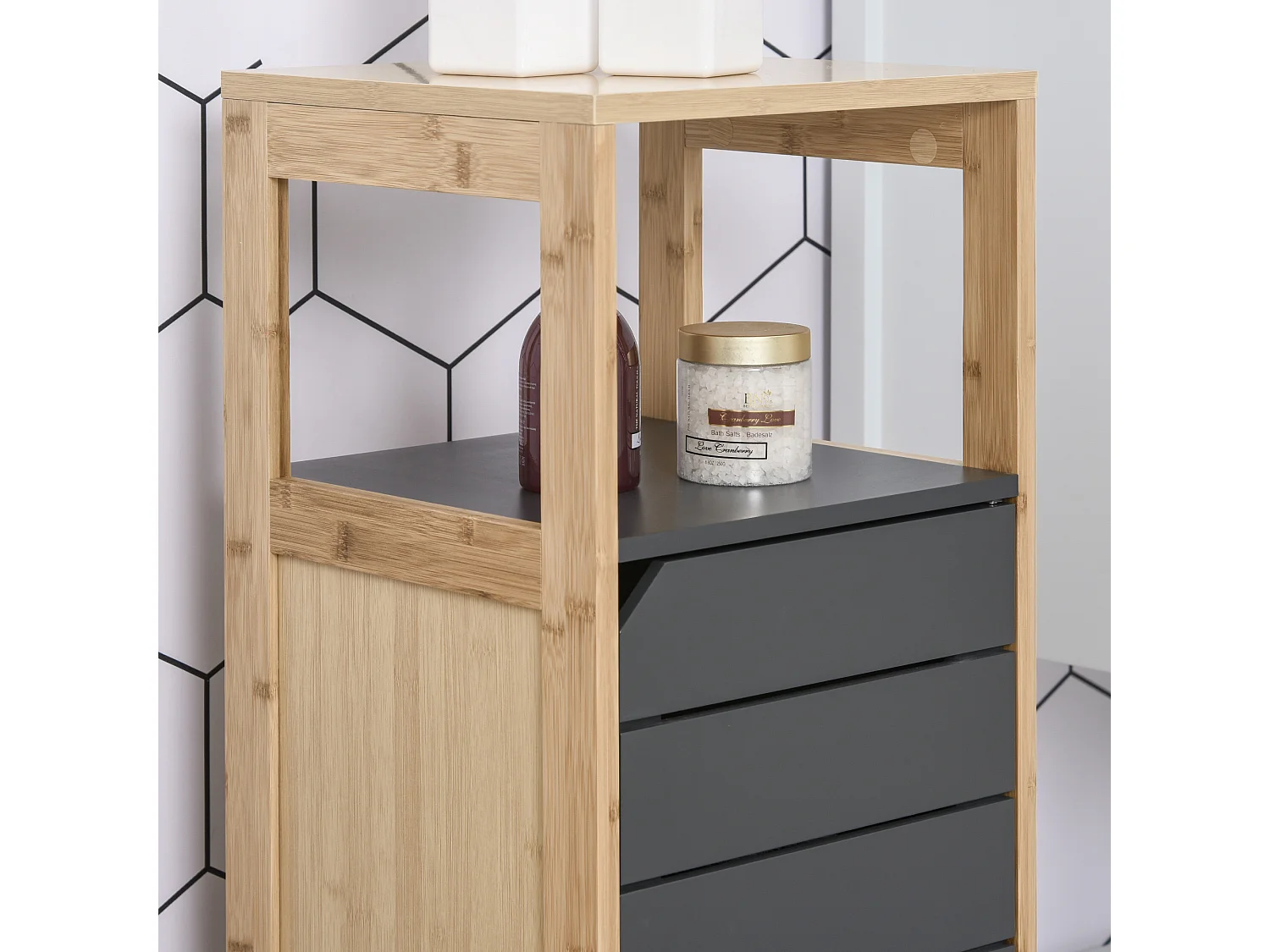 Meuble colonne rangement salle de bain style cosy dim. 32L x 30l x 80H cm porte étagères niche bambou gris