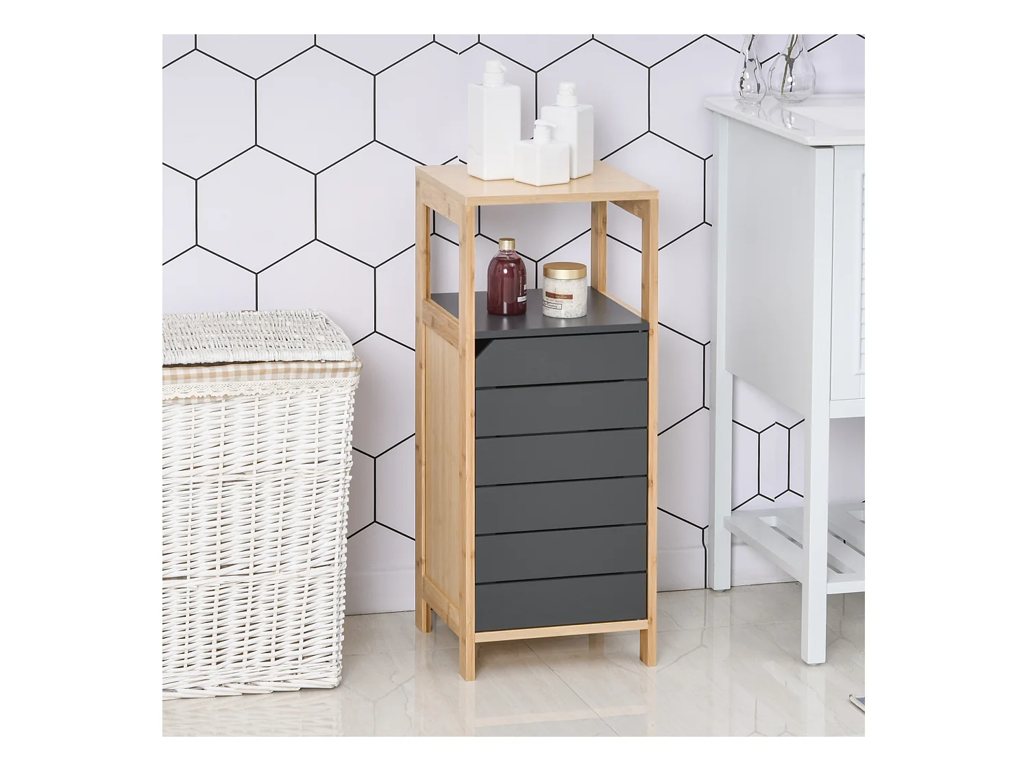 Meuble colonne rangement salle de bain style cosy dim. 32L x 30l x 80H cm porte étagères niche bambou gris