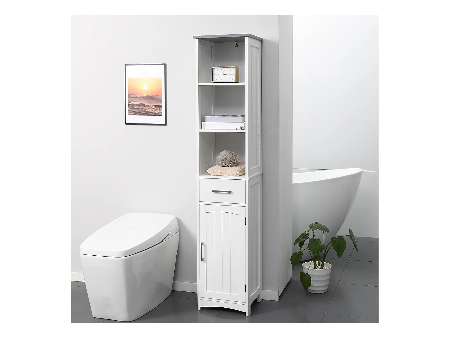 Meuble colonne salle de bain - 3 niches, placard porte étagère, tiroir - MDF blanc gris