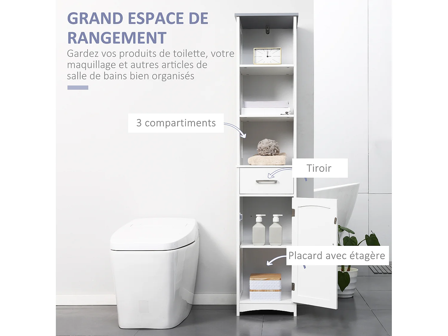 Meuble colonne salle de bain - 3 niches, placard porte étagère, tiroir - MDF blanc gris