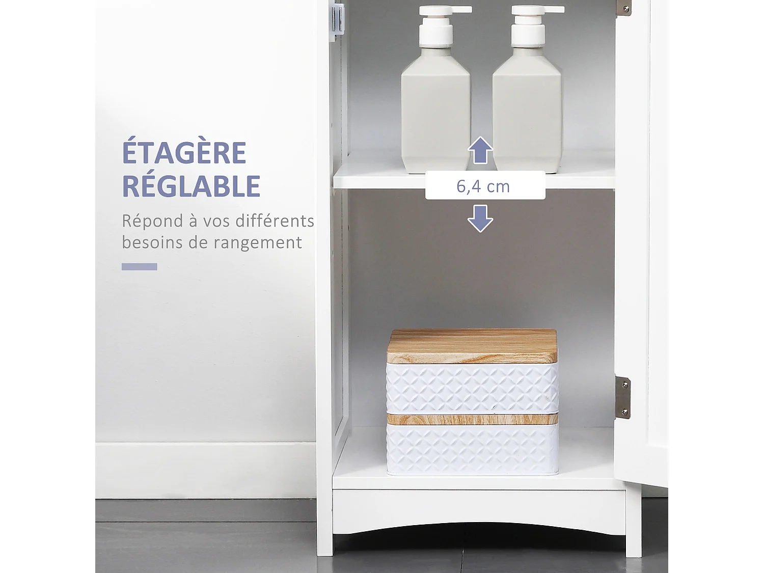 Meuble colonne salle de bain - 3 niches, placard porte étagère, tiroir - MDF blanc gris