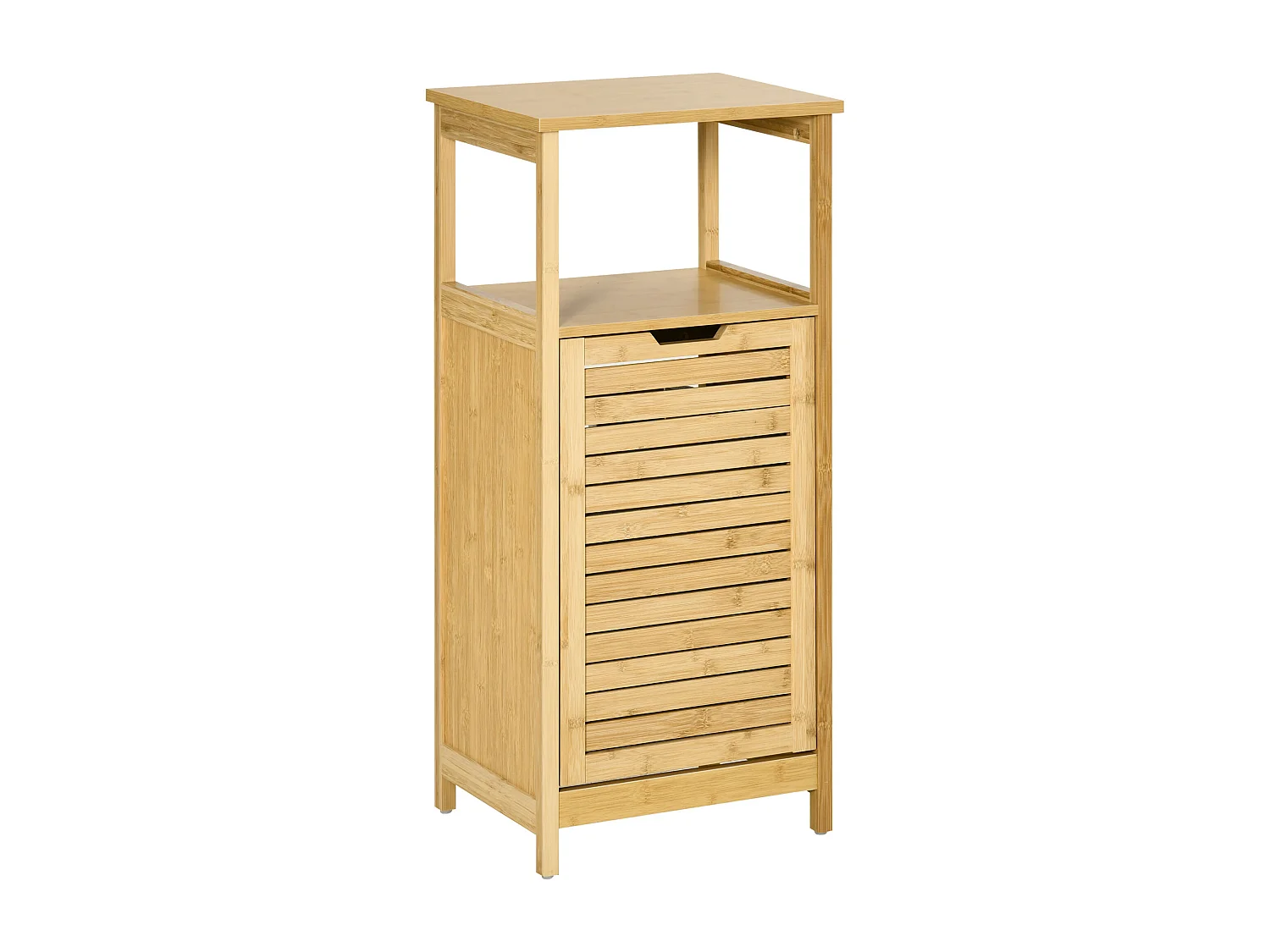 Meuble bas basculant salle de bain style cosy dim. 40L x 30l x 86,5H cm porte basculante à lattes bambou MDF aspect bois clair