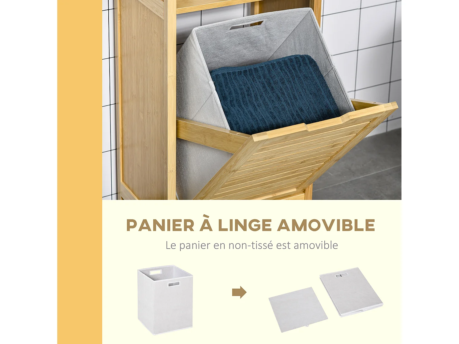 Meuble bas basculant salle de bain style cosy dim. 40L x 30l x 86,5H cm porte basculante à lattes bambou MDF aspect bois clair