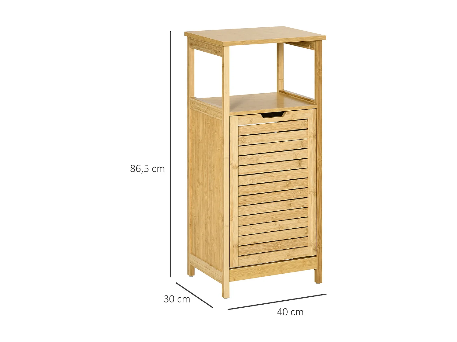 Meuble bas basculant salle de bain style cosy dim. 40L x 30l x 86,5H cm porte basculante à lattes bambou MDF aspect bois clair