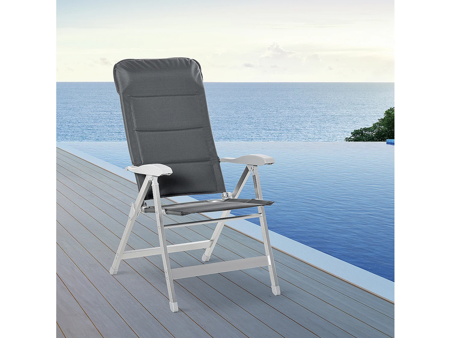 Chaise de jardin pliante dossier haut inclinable multipositions accoudoirs tétière alu. oxford déperlant gris