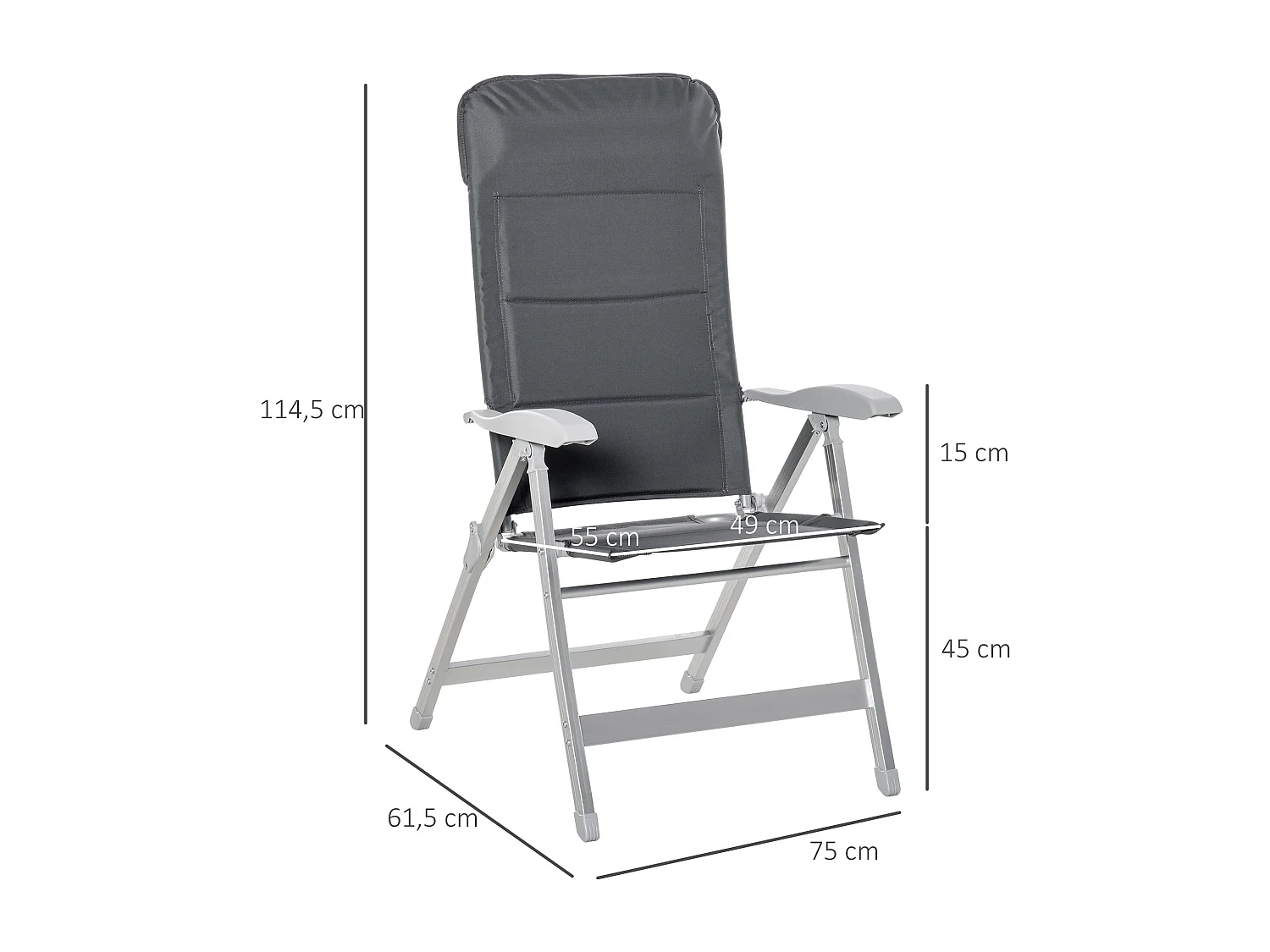 Chaise de jardin pliante dossier haut inclinable multipositions accoudoirs tétière alu. oxford déperlant gris