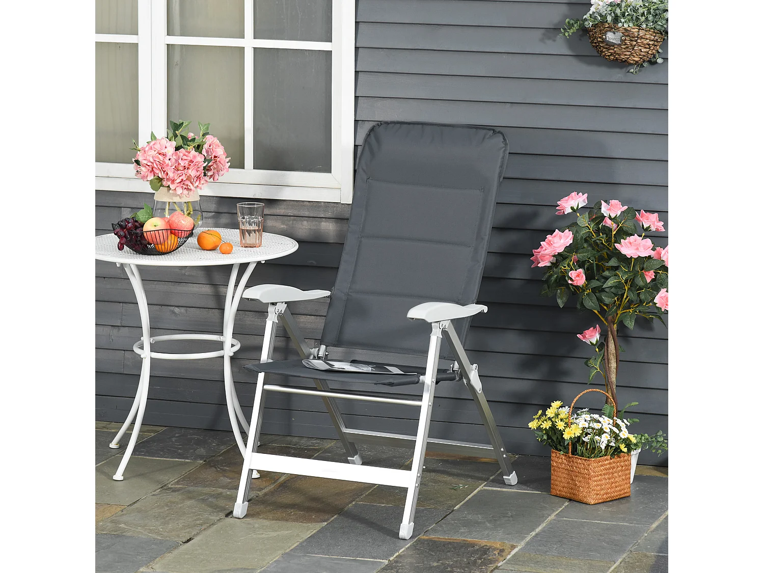 Chaise de jardin pliante dossier haut inclinable multipositions accoudoirs tétière alu. oxford déperlant gris