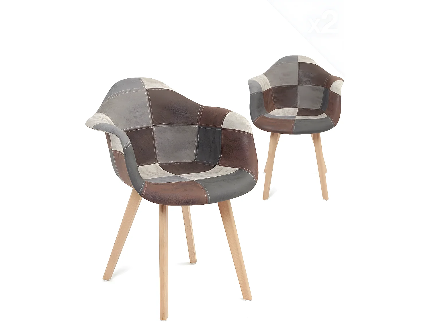 Lot de 2 chaises scandinaves à accoudoir patchwork rembourré pieds bois clair NEDA (gris bleu)
