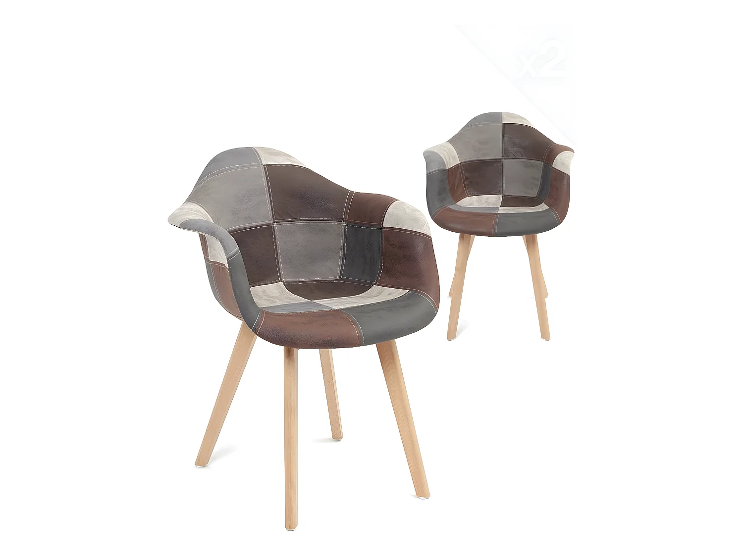 Lot 2 chaises scandinaves à accoudoir patchwork rembourré pieds bois clair NEDA (gris bleu)