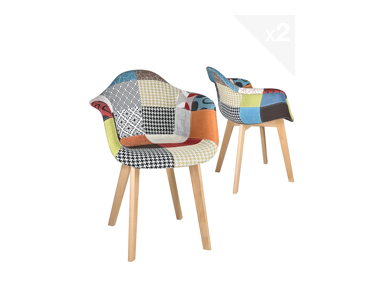 Lot 2 fauteuils tissu patchwork multicolore scandinave rembourré pieds bois clair LIMA (patch)