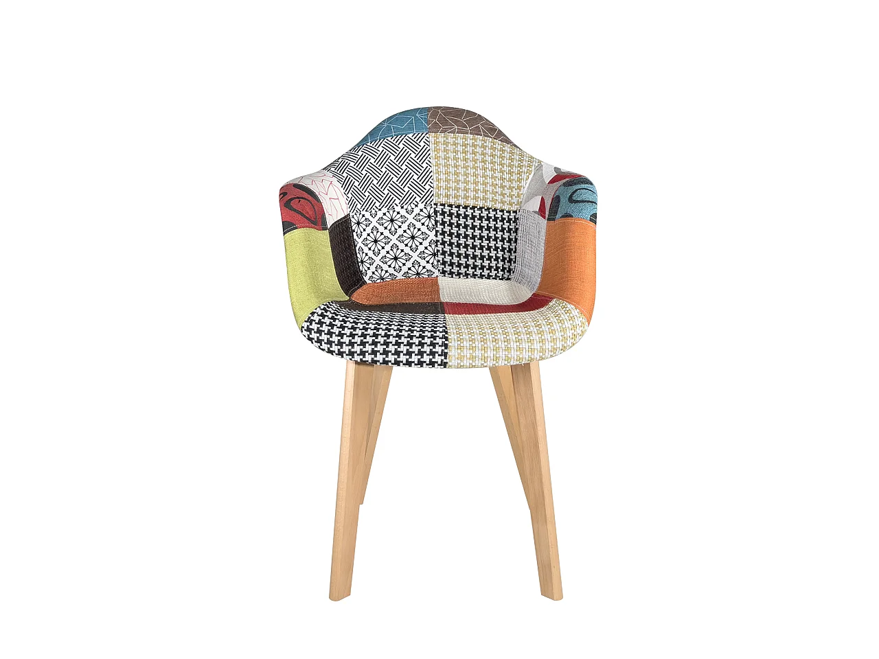 Lot 2 fauteuils tissu patchwork multicolore scandinave rembourré pieds bois clair LIMA (patch)