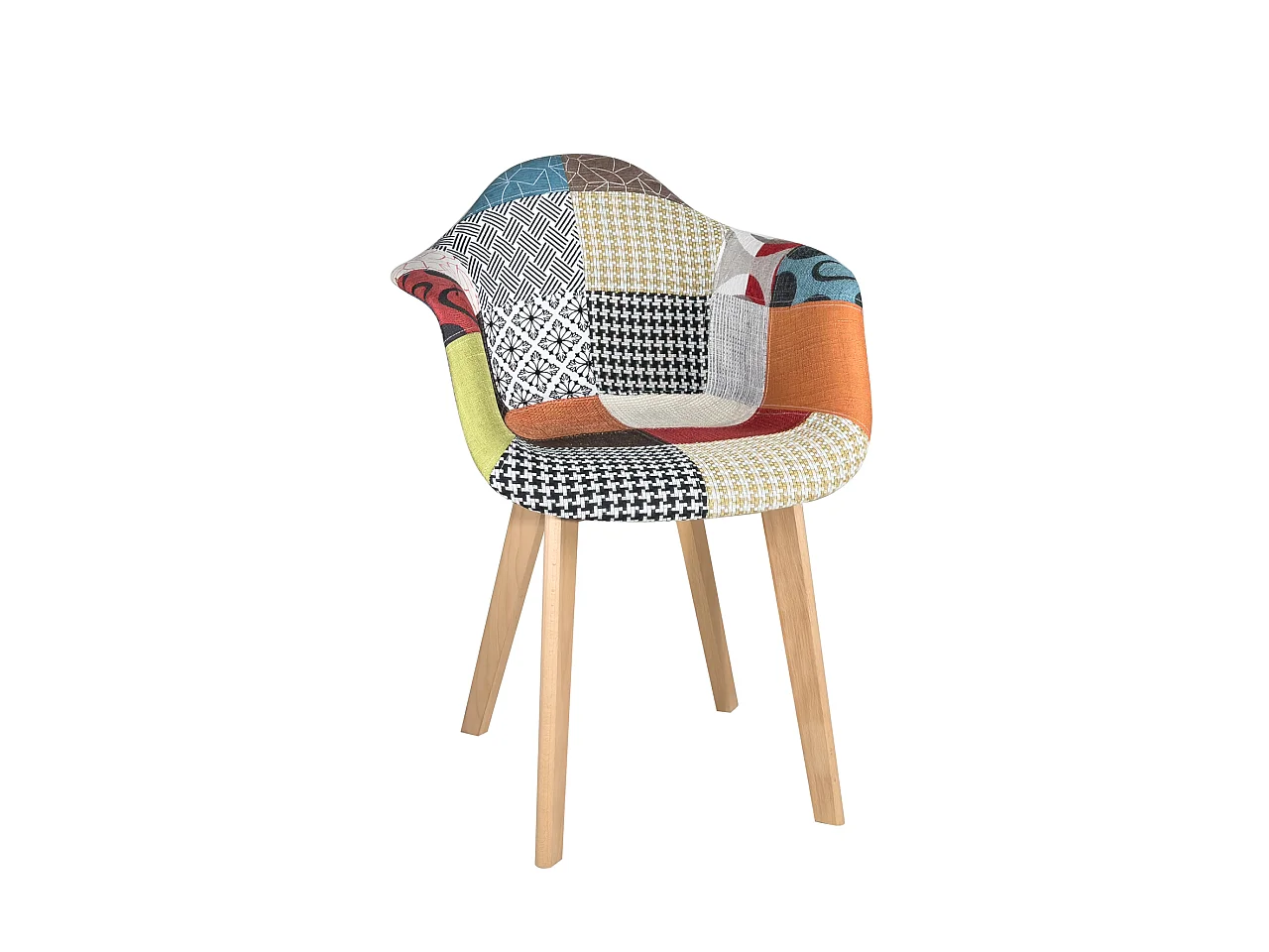 Lot 2 fauteuils tissu patchwork multicolore scandinave rembourré pieds bois clair LIMA (patch)