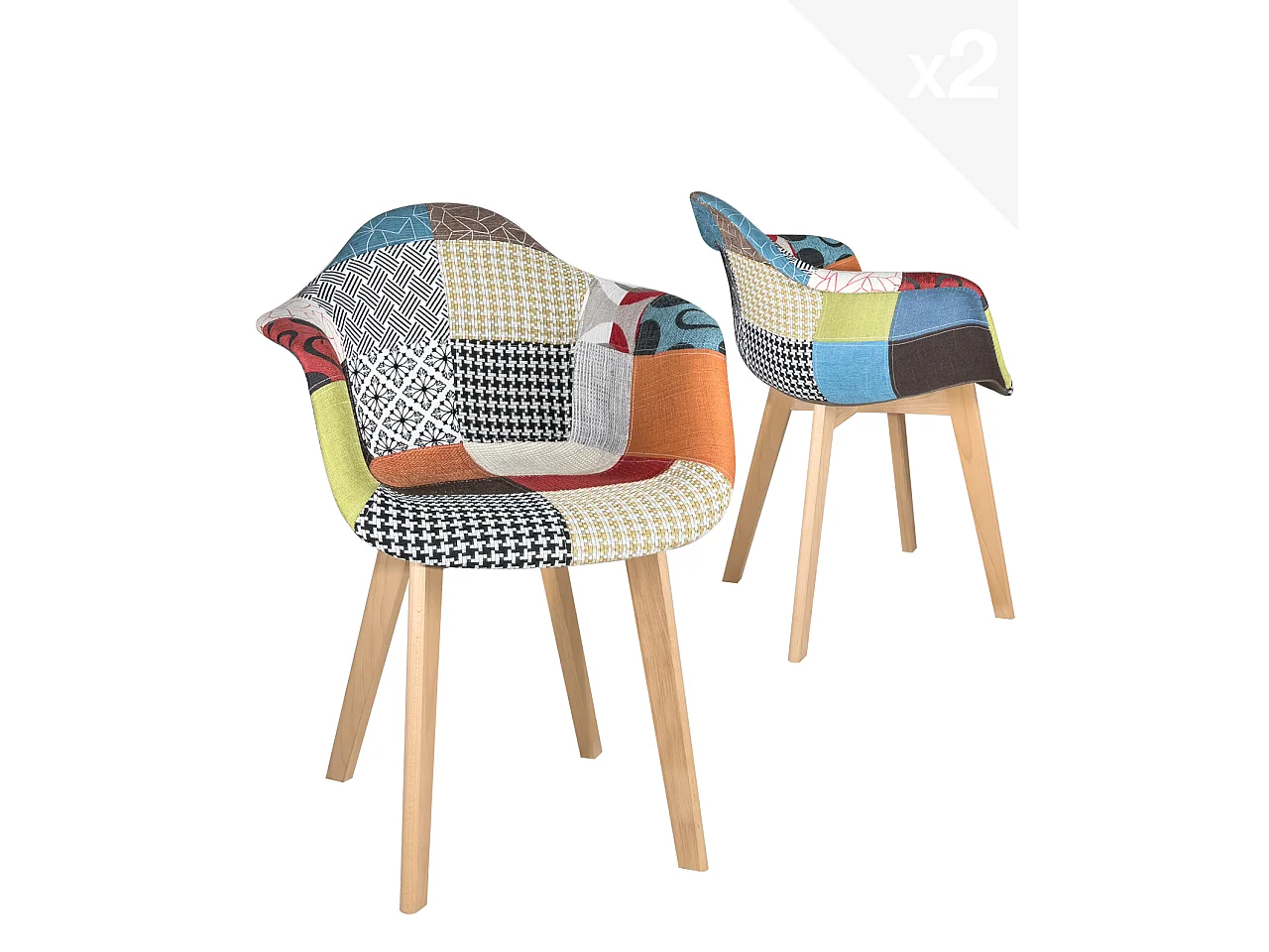 Lot 2 fauteuils tissu patchwork multicolore scandinave rembourré pieds bois clair LIMA (patch)