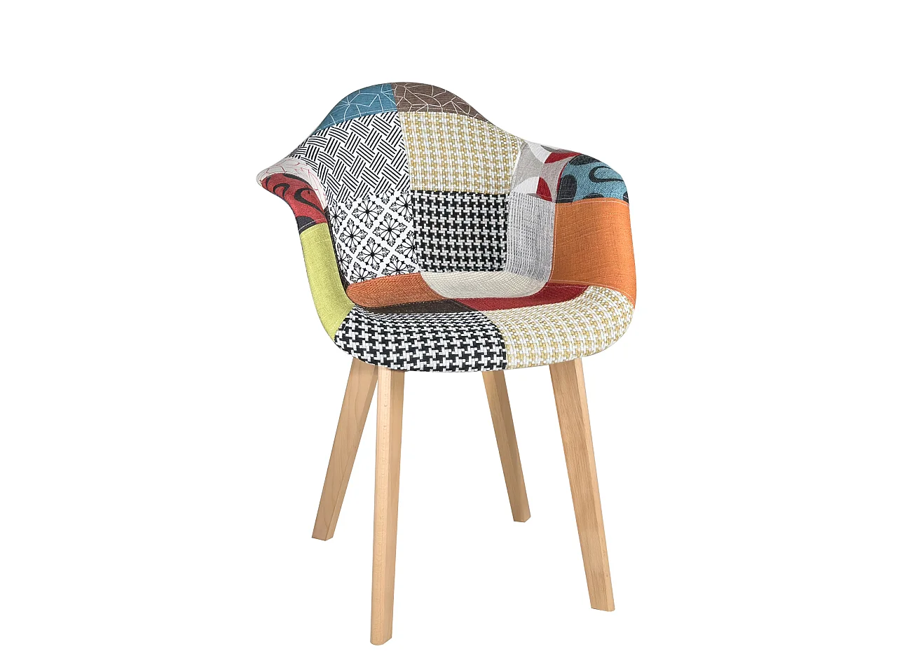 Lot 2 fauteuils tissu patchwork multicolore scandinave rembourré pieds bois clair LIMA (patch)