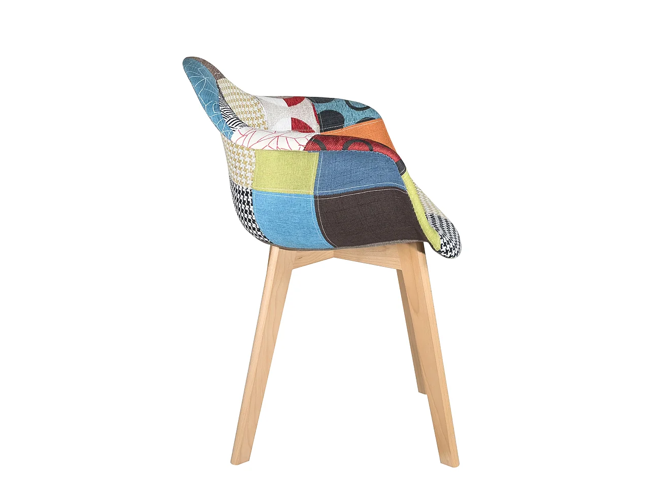 Lot 2 fauteuils tissu patchwork multicolore scandinave rembourré pieds bois clair LIMA (patch)