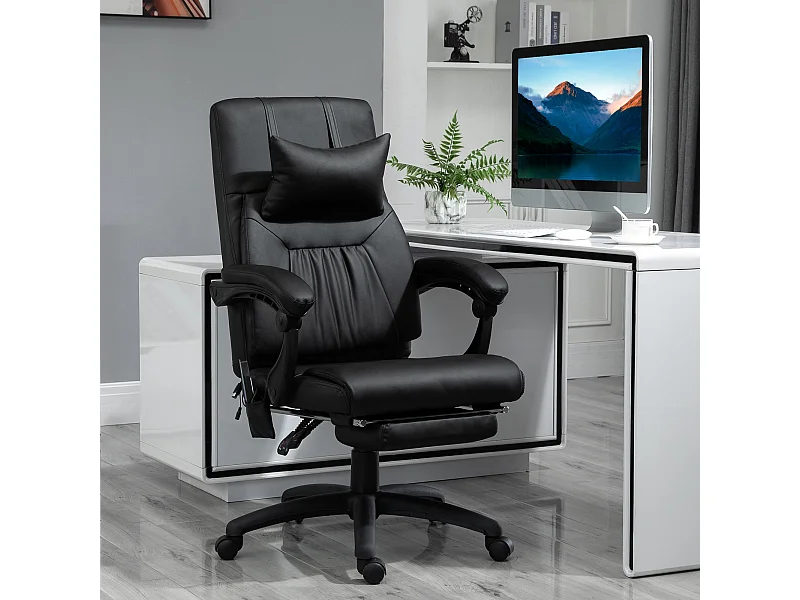 HOMCOM Fauteuil de bureau manager massant hauteur réglable dossier inclinable repose-pied + appui-tête 68 x 79 x 104-112 cm noir