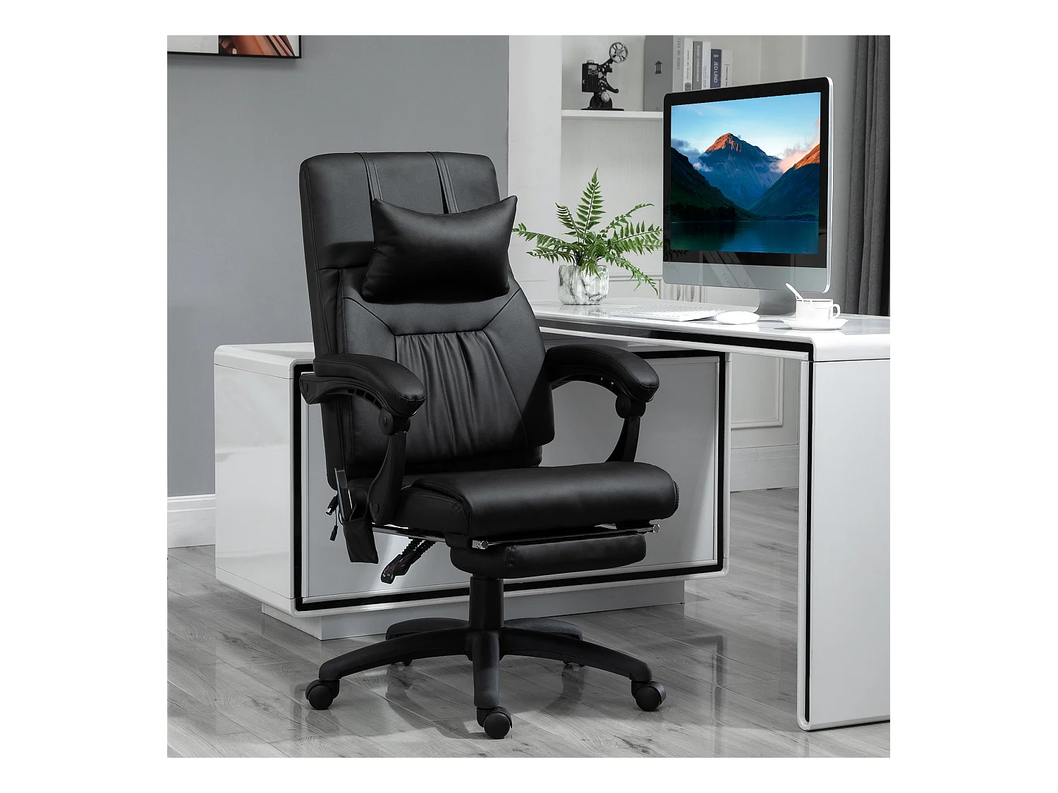 HOMCOM Fauteuil de bureau manager massant hauteur réglable dossier inclinable repose-pied + appui-tête 68 x 79 x 104-112 cm noir