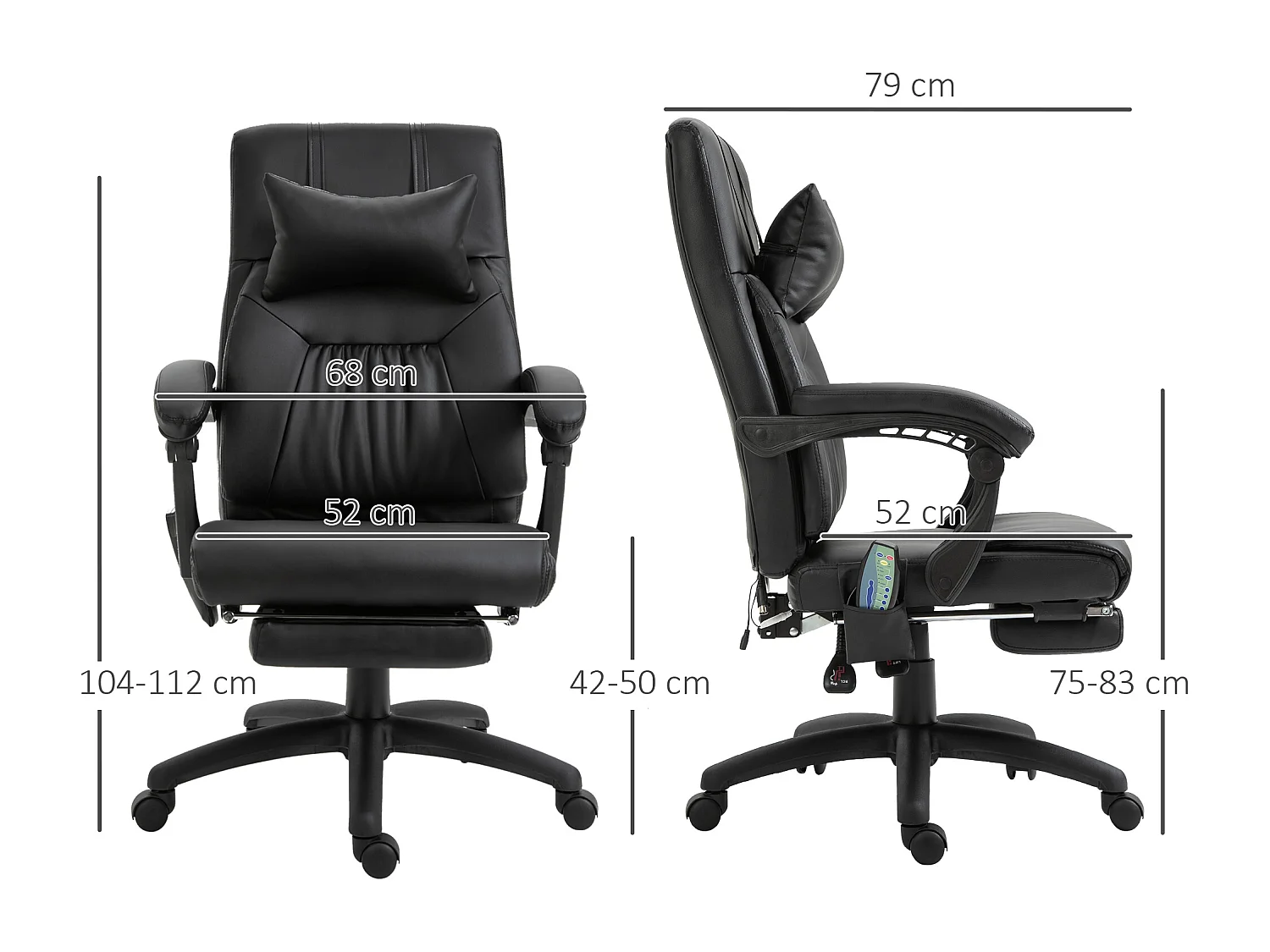 HOMCOM Fauteuil de bureau manager massant hauteur réglable dossier inclinable repose-pied + appui-tête 68 x 79 x 104-112 cm noir