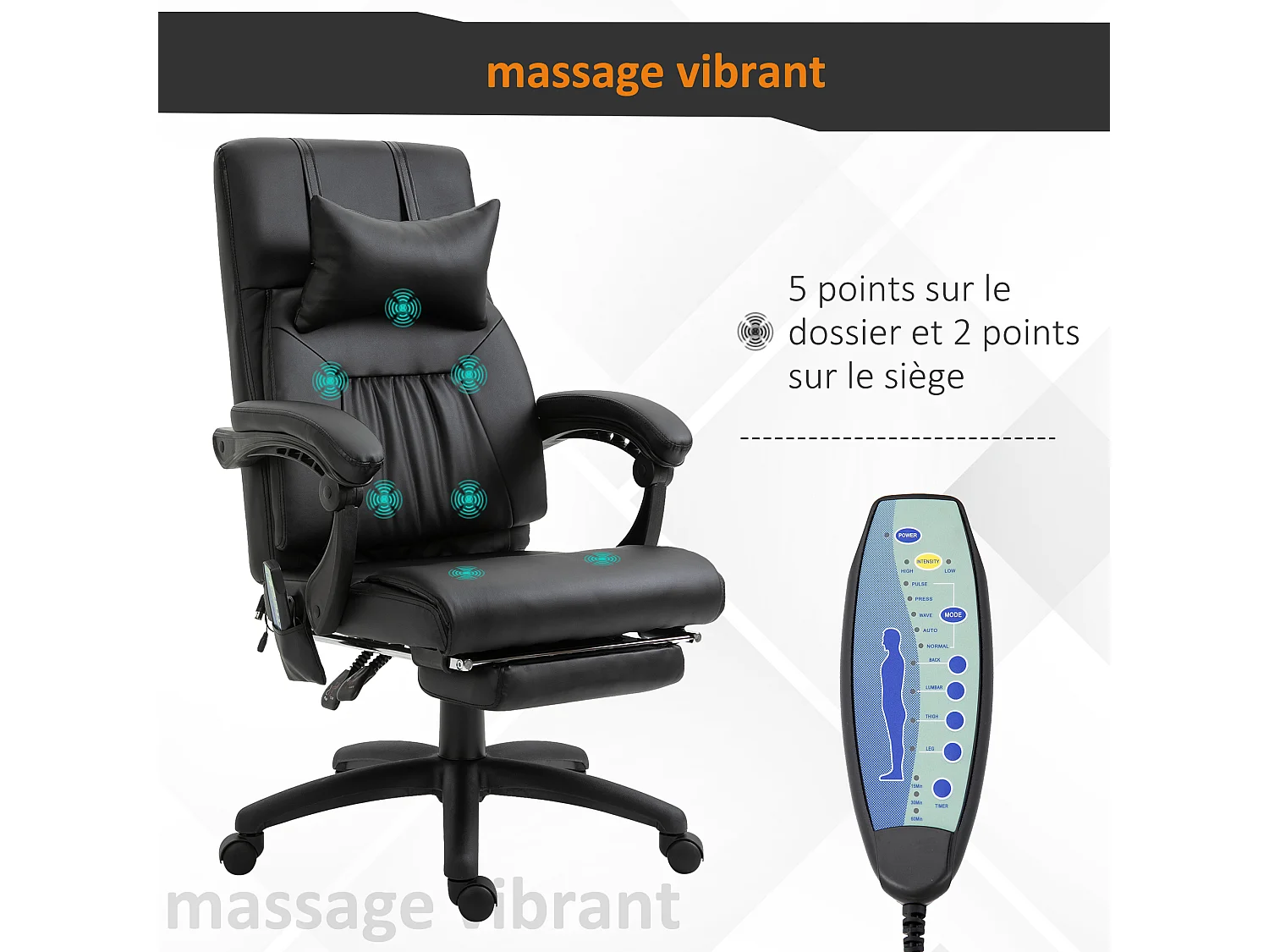 HOMCOM Fauteuil de bureau manager massant hauteur réglable dossier inclinable repose-pied + appui-tête 68 x 79 x 104-112 cm noir