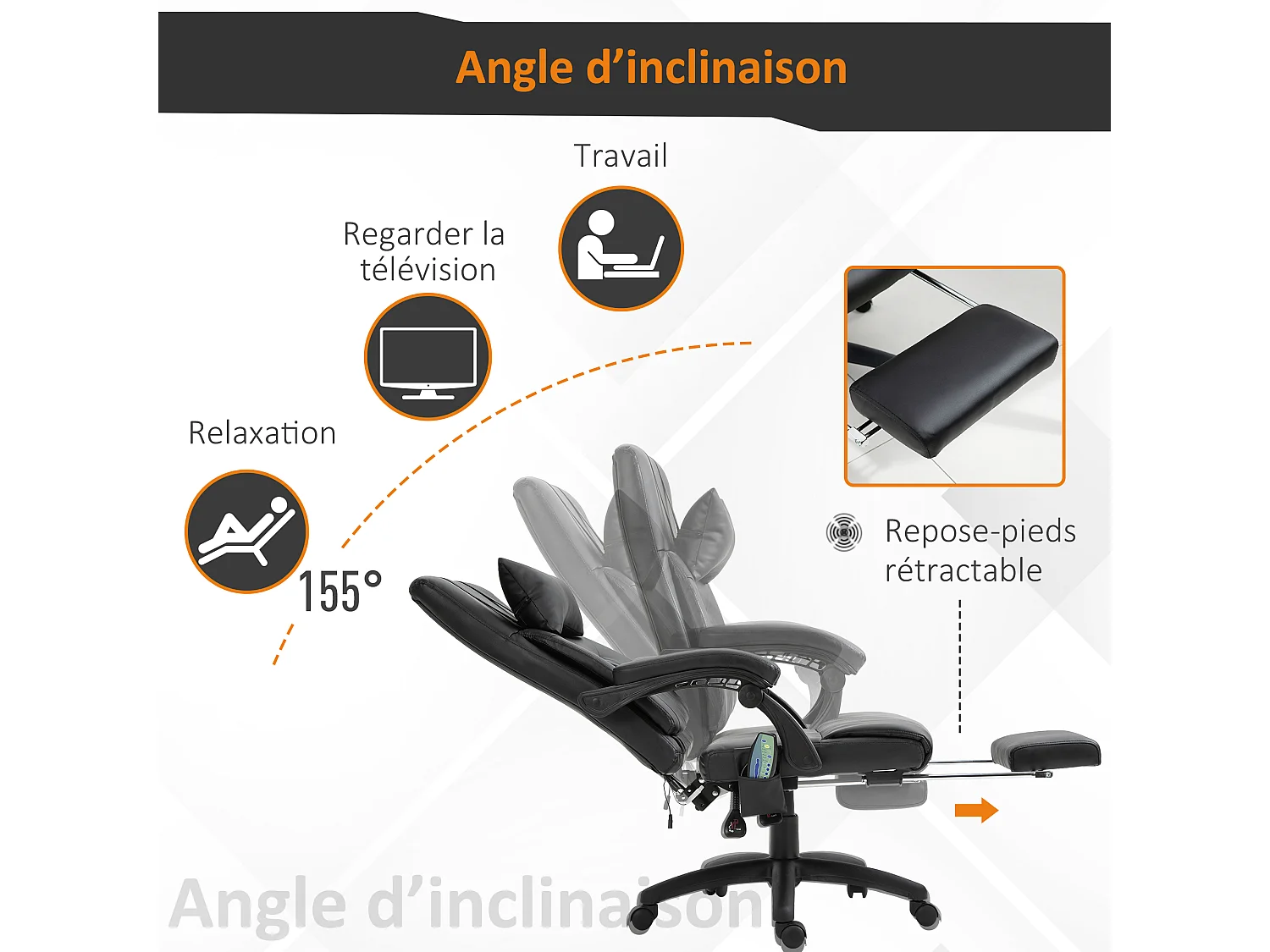 HOMCOM Fauteuil de bureau manager massant hauteur réglable dossier inclinable repose-pied + appui-tête 68 x 79 x 104-112 cm noir