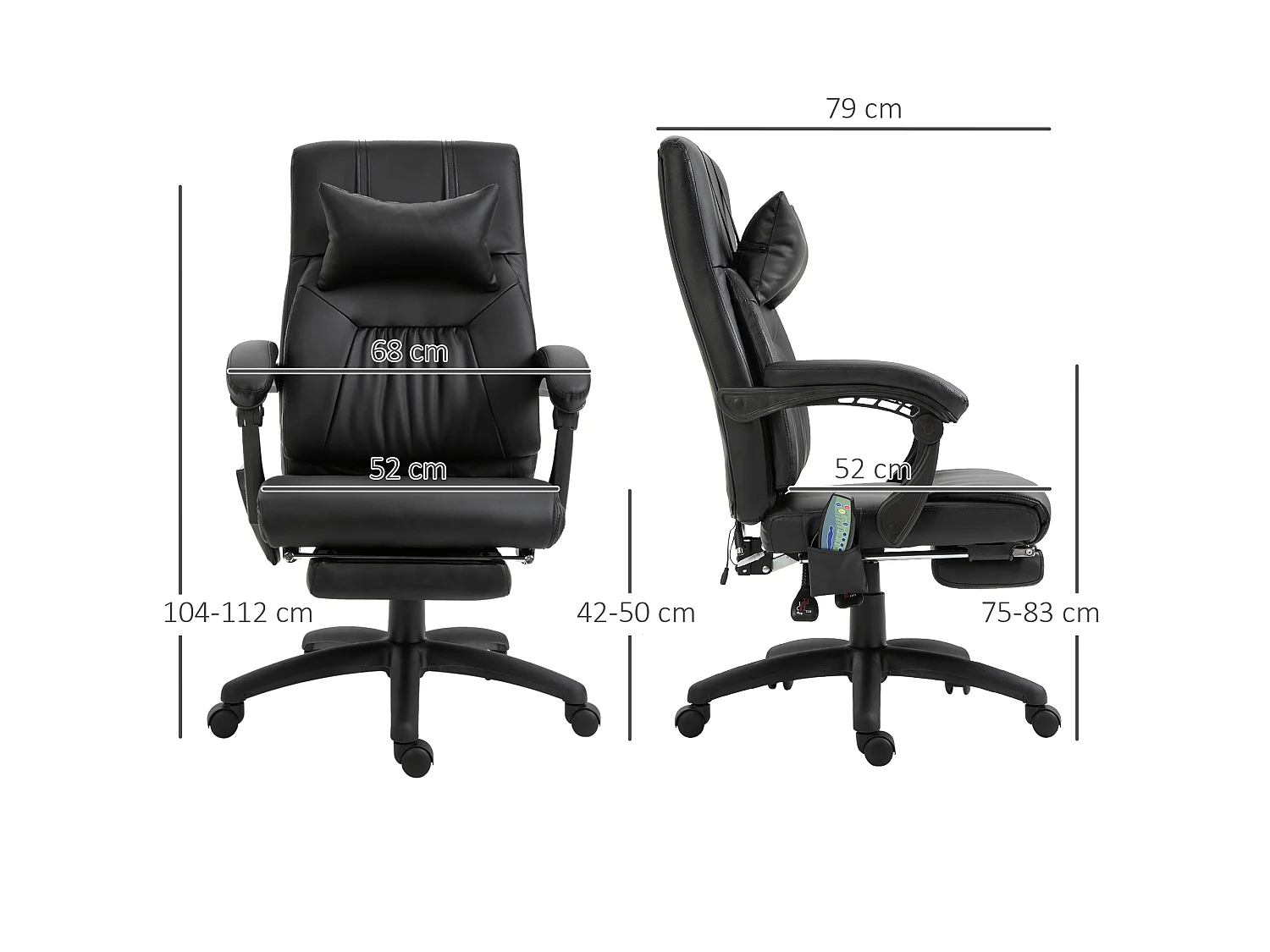 Fauteuil de bureau manager massant hauteur réglable dossier inclinable repose-pied + appui-tête 68 x 79 x 104-112 cm noir