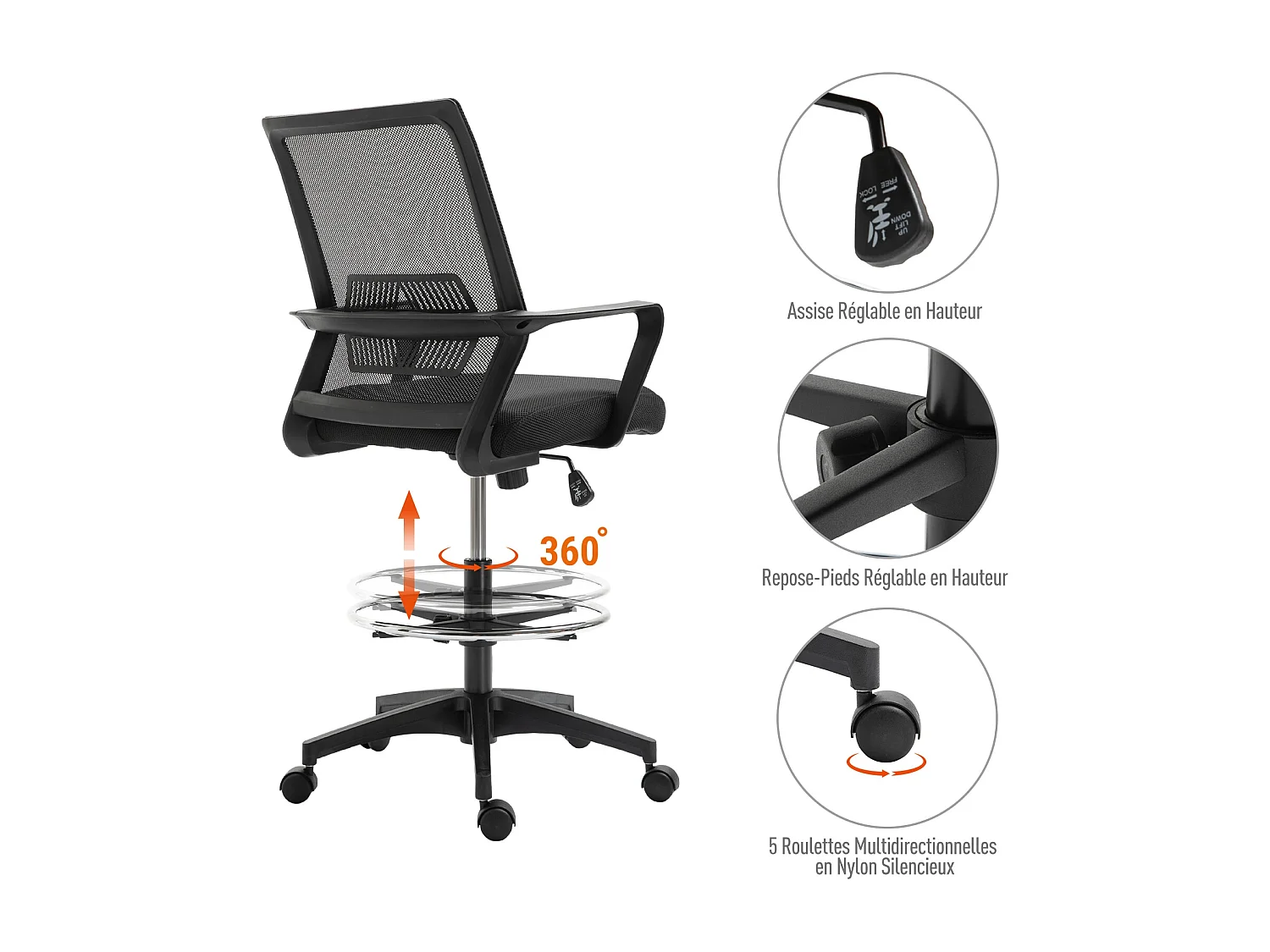 Fauteuil de bureau chaise de bureau assise haute réglable dim. 64L x 59l x 104-124H cm pivotant 360° maille respirante noir