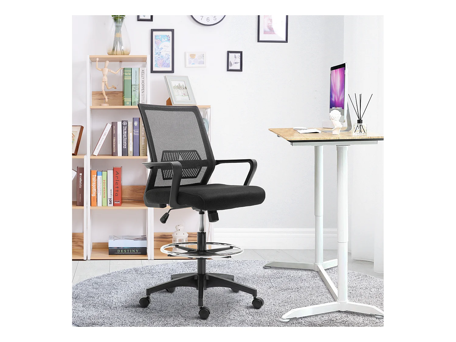 Fauteuil de bureau chaise de bureau assise haute réglable dim. 64L x 59l x 104-124H cm pivotant 360° maille respirante noir