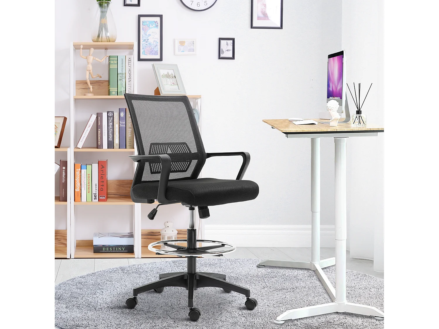 Fauteuil de bureau chaise de bureau assise haute réglable dim. 64L x 59l x 104-124H cm pivotant 360° maille respirante noir