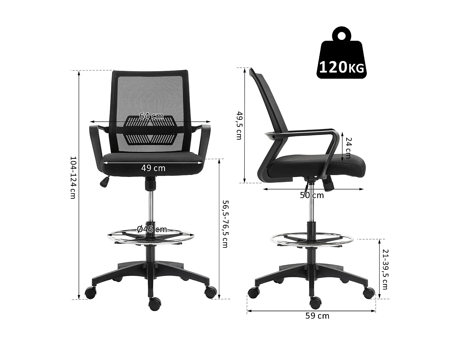 Fauteuil de bureau chaise de bureau assise haute réglable dim. 64L x 59l x 104-124H cm pivotant 360° maille respirante noir