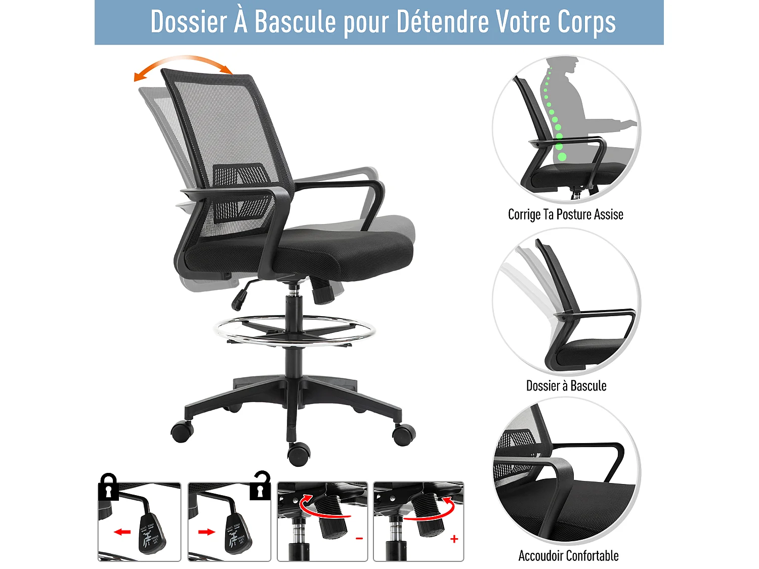 Fauteuil de bureau chaise de bureau assise haute réglable dim. 64L x 59l x 104-124H cm pivotant 360° maille respirante noir