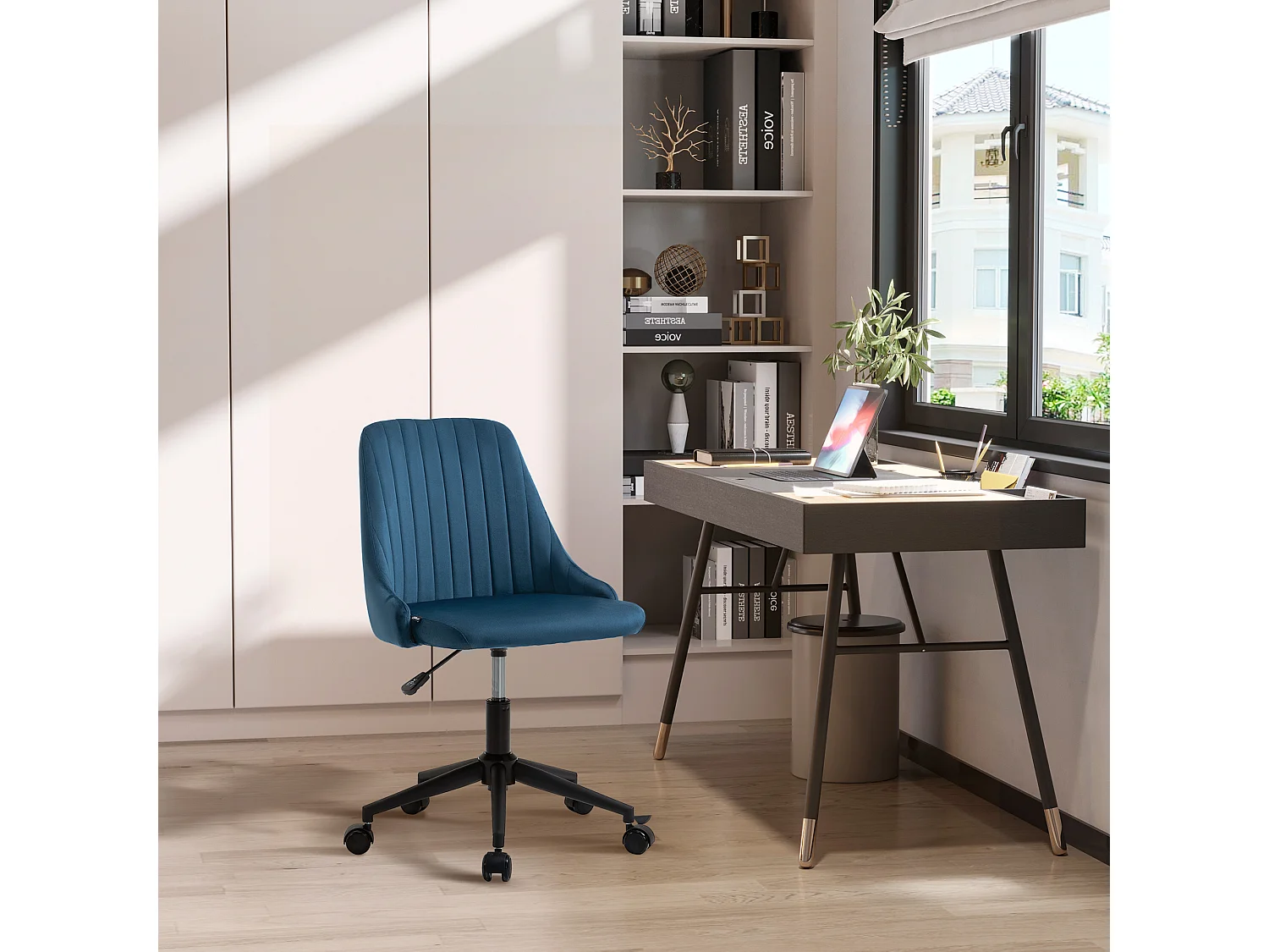 Vinsetto Chaise de bureau design contemporain dossier enveloppant strié hauteur réglable pivotant 360° aspect velours bleu