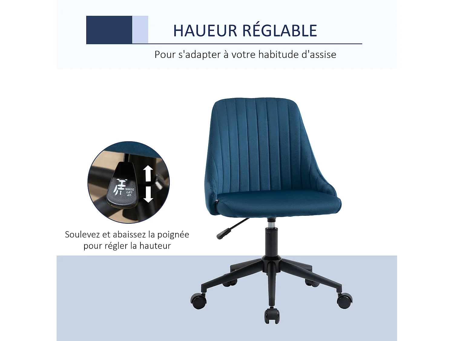 Vinsetto Chaise de bureau design contemporain dossier enveloppant strié hauteur réglable pivotant 360° aspect velours bleu