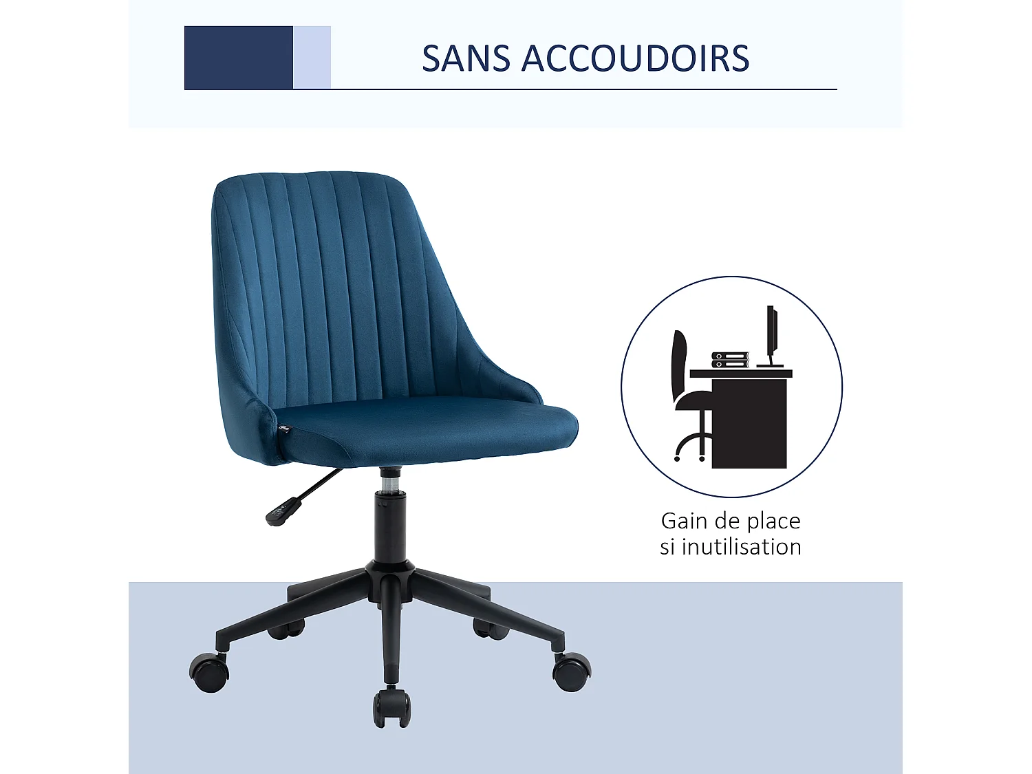 Vinsetto Chaise de bureau design contemporain dossier enveloppant strié hauteur réglable pivotant 360° aspect velours bleu