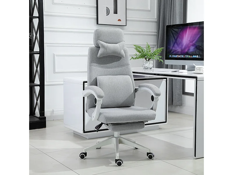 Fauteuil de bureau manager grand confort dossier réglable repose-pied coussin lombaire roulettes 360° lin 62L x 68P x 127H cm gris