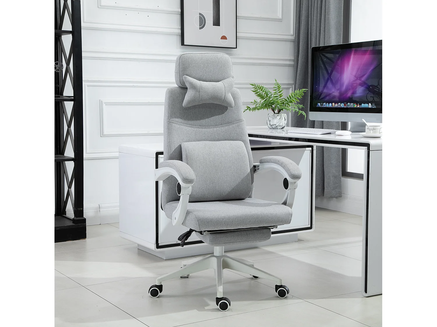 Fauteuil de bureau manager grand confort dossier réglable repose-pied coussin lombaire roulettes 360° lin 62L x 68P x 127H cm gris