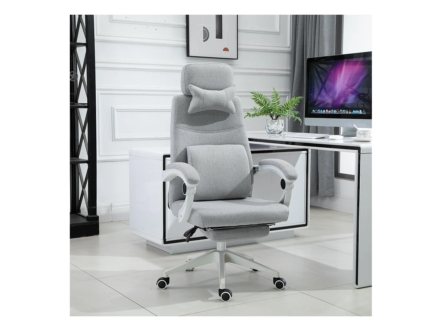 Fauteuil de bureau manager grand confort dossier réglable repose-pied coussin lombaire roulettes 360° lin 62L x 68P x 127H cm gris