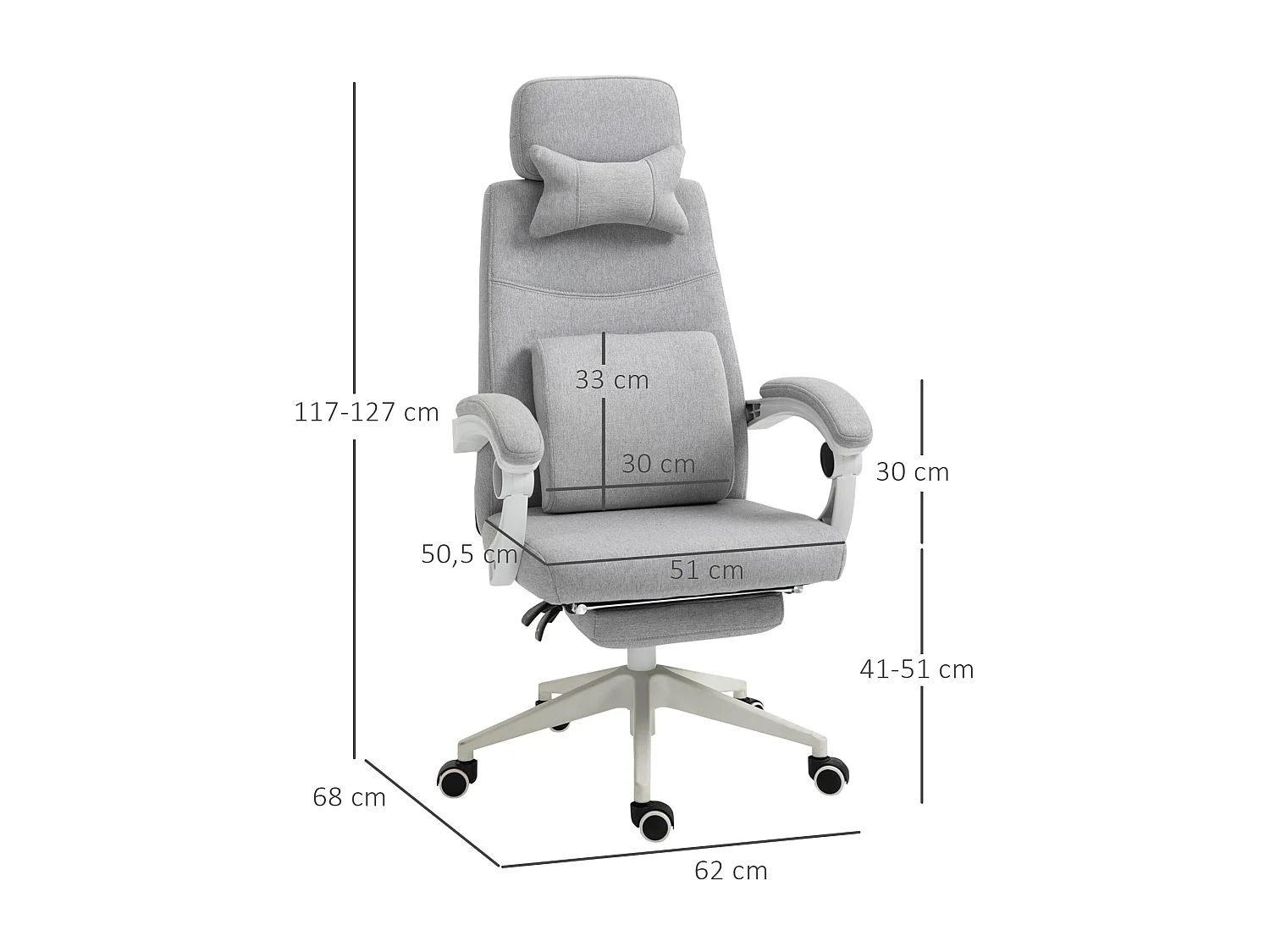 Fauteuil de bureau manager grand confort dossier réglable repose-pied coussin lombaire roulettes 360° lin 62L x 68P x 127H cm gris