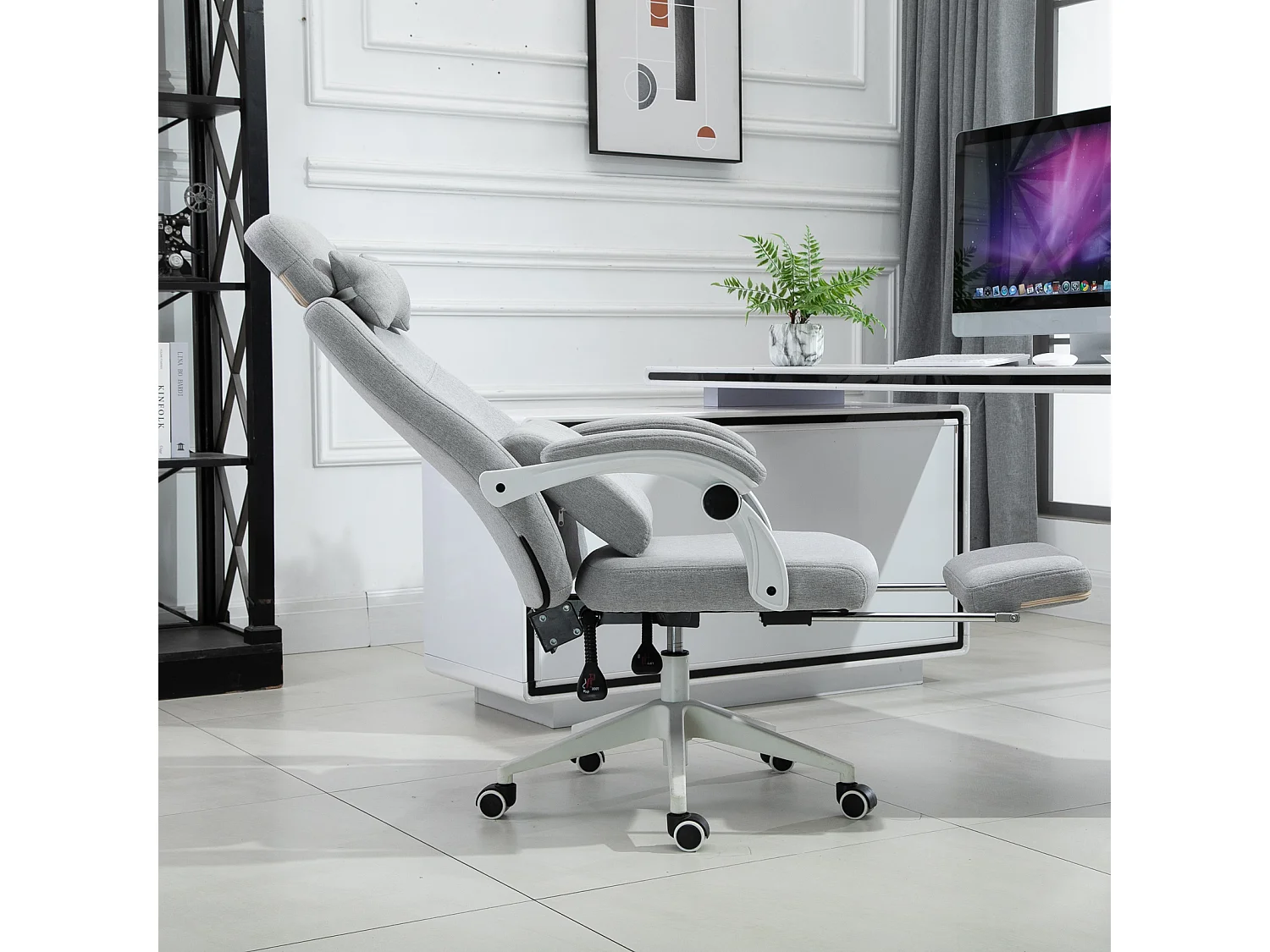 Fauteuil de bureau manager grand confort dossier réglable repose-pied coussin lombaire roulettes 360° lin 62L x 68P x 127H cm gris