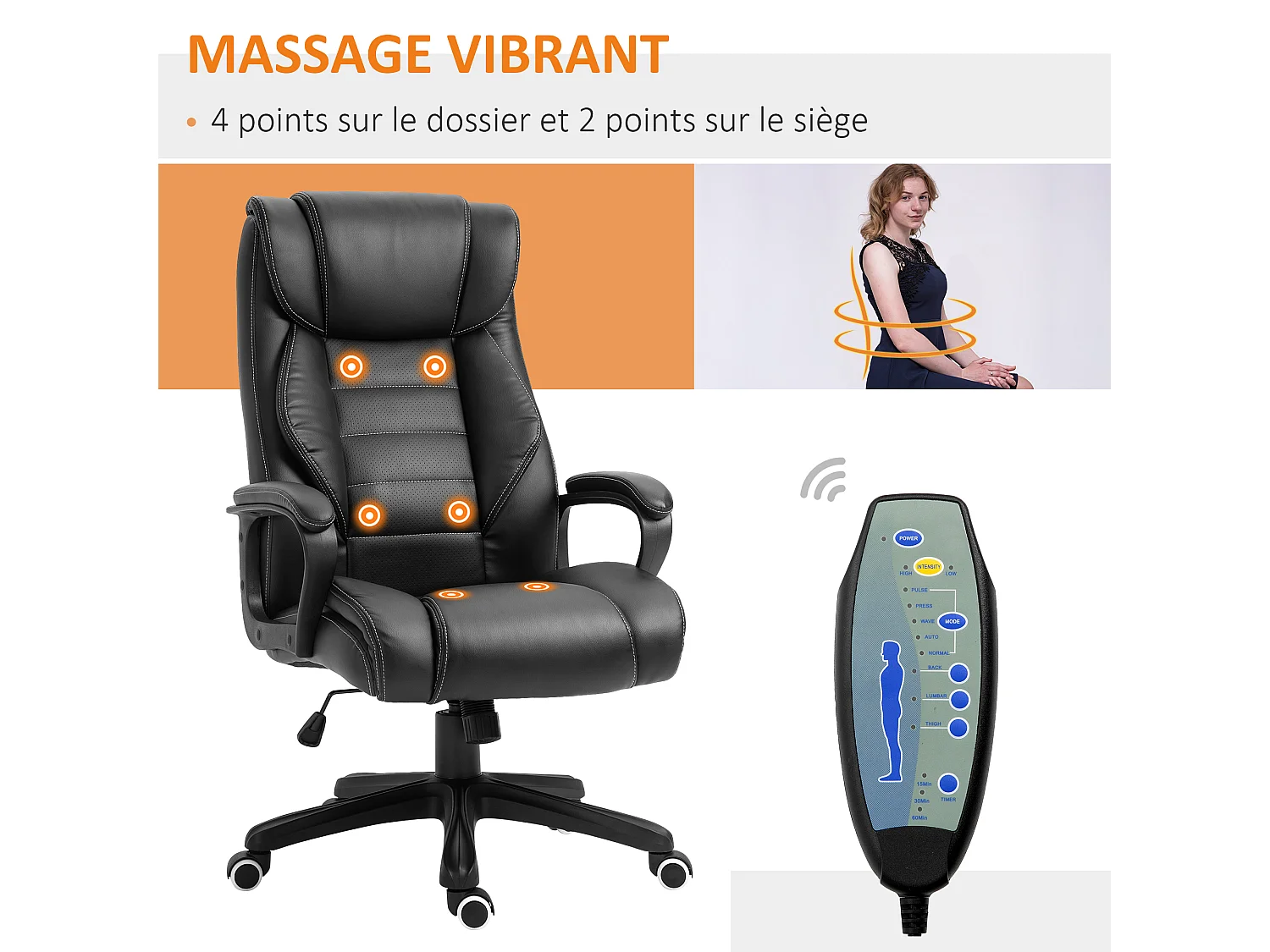 Fauteuil de bureau direction massant grand confort hauteur réglable fonction dossier à bascule revêtement synthétique noir