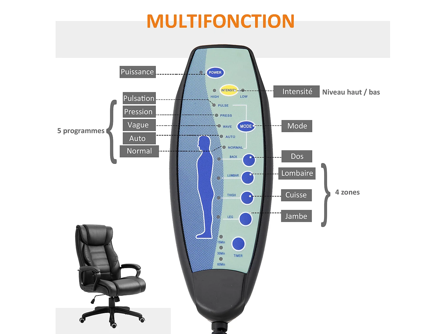 Fauteuil de bureau direction massant grand confort hauteur réglable fonction dossier à bascule revêtement synthétique noir