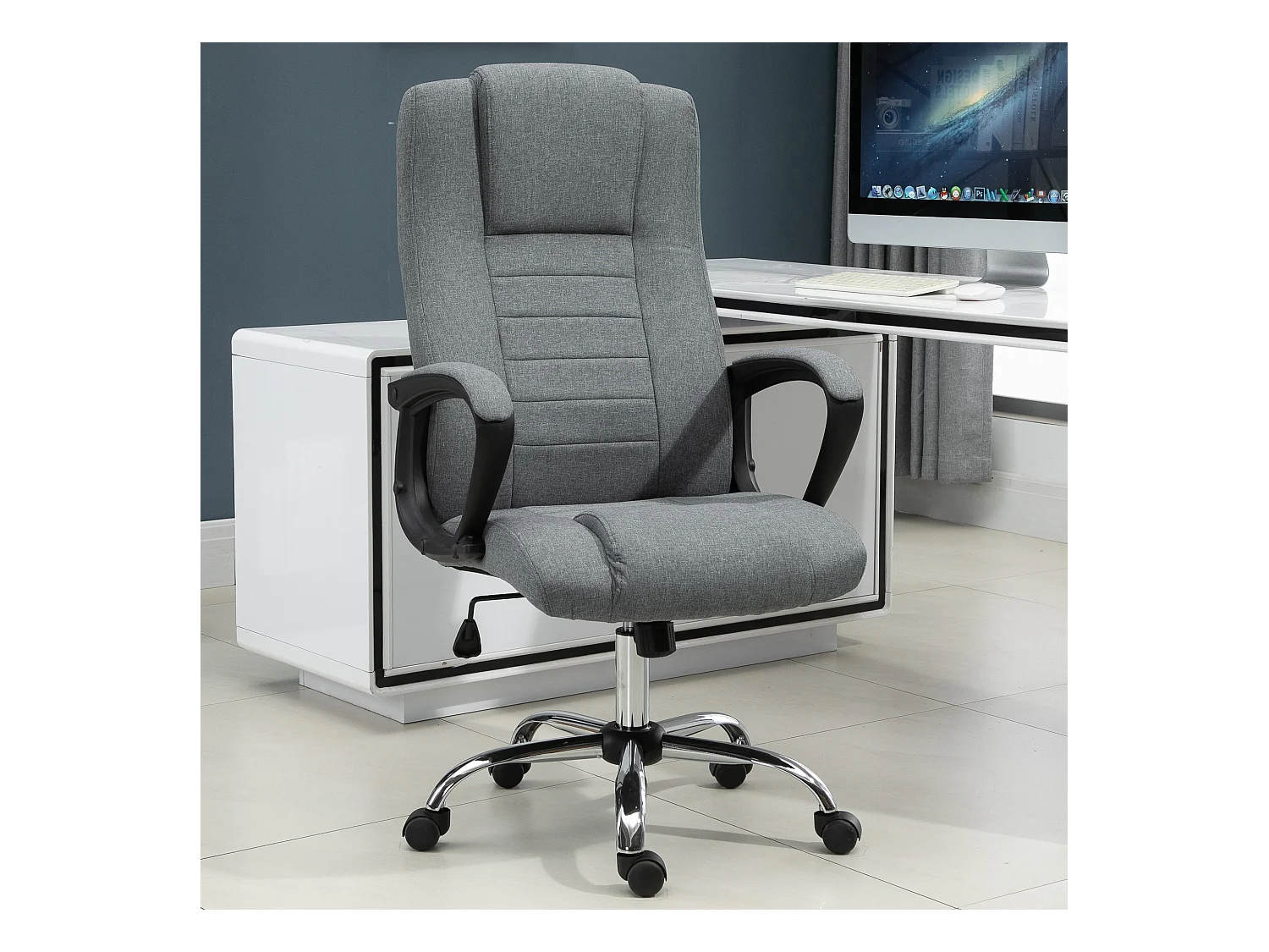 HOMCOM Fauteuil de bureau à roulettes chaise manager ergonomique pivotante hauteur réglable lin gris foncé