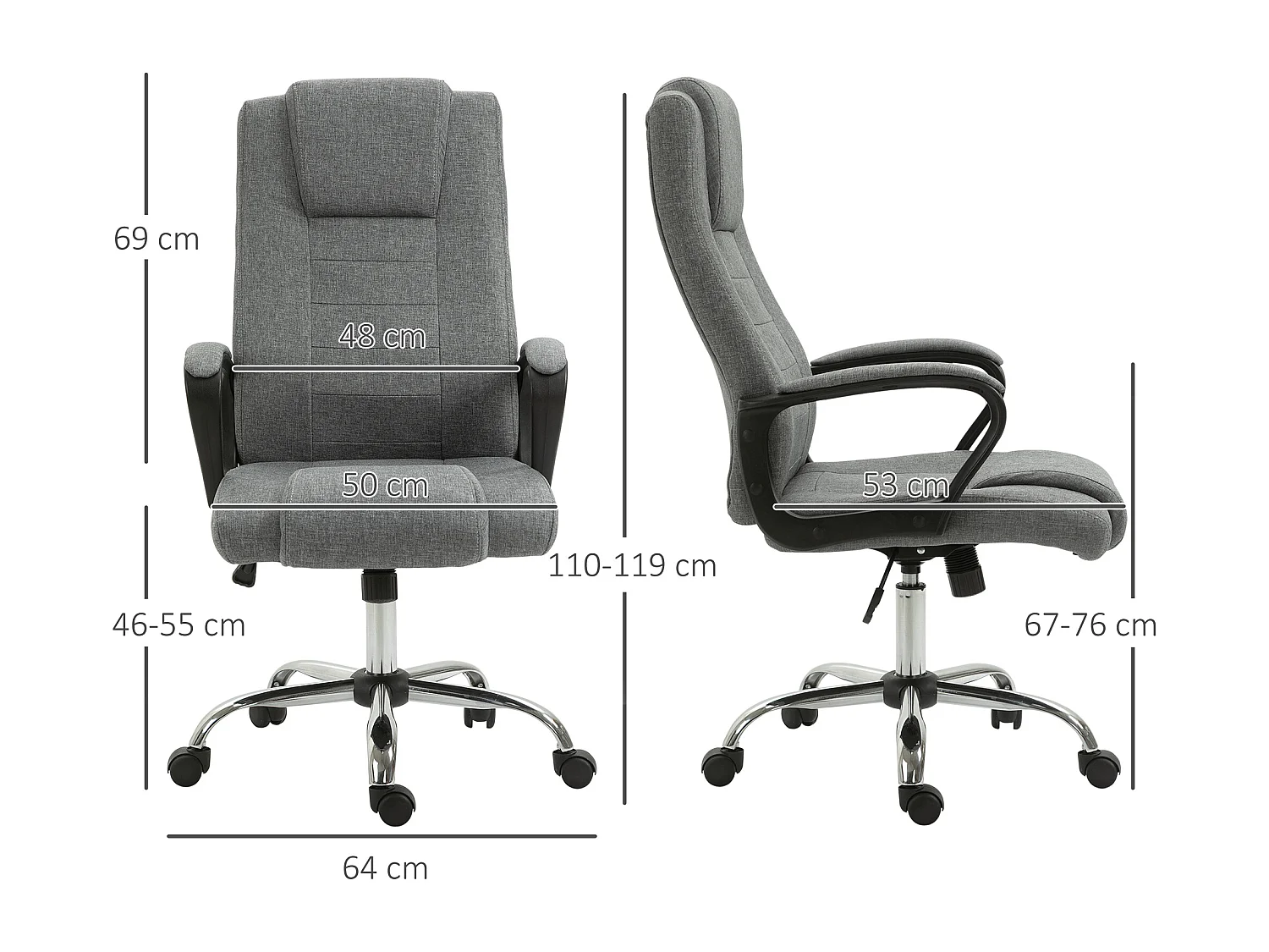HOMCOM Fauteuil de bureau à roulettes chaise manager ergonomique pivotante hauteur réglable lin gris foncé