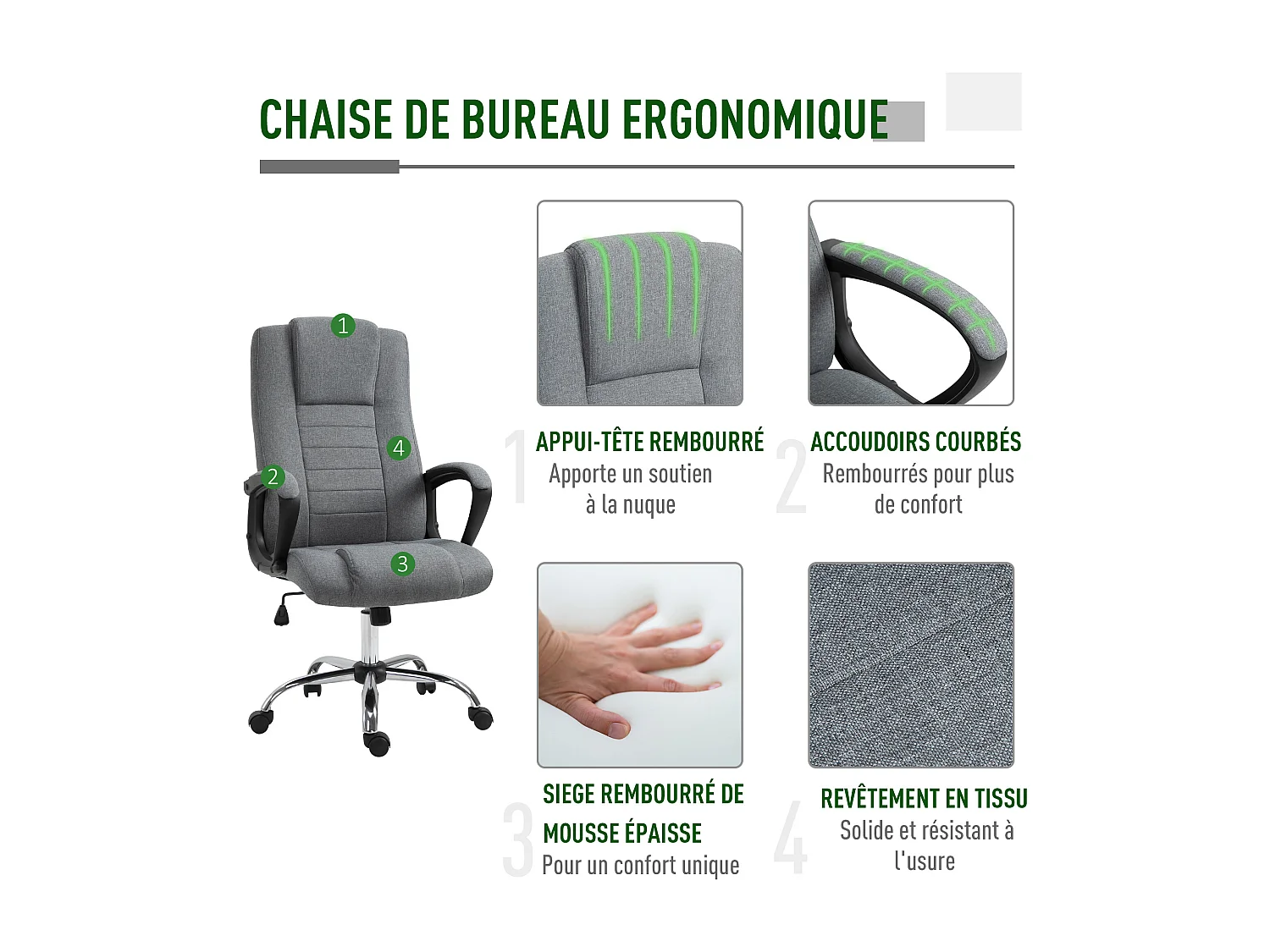 HOMCOM Fauteuil de bureau à roulettes chaise manager ergonomique pivotante hauteur réglable lin gris foncé