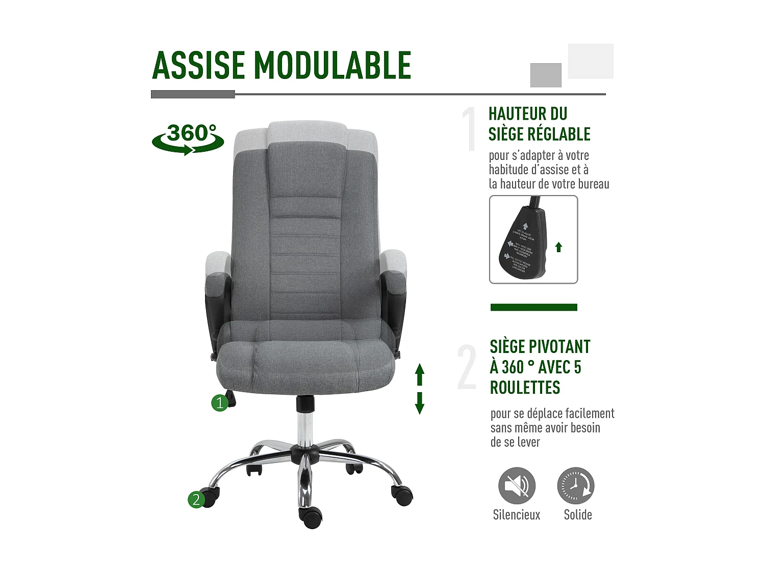 HOMCOM Fauteuil de bureau à roulettes chaise manager ergonomique pivotante hauteur réglable lin gris foncé