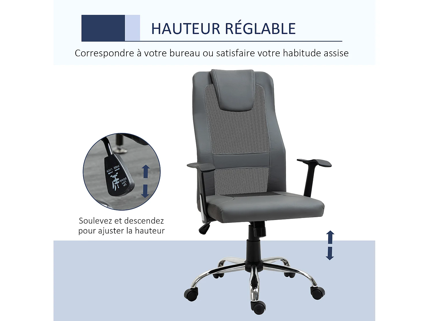 Fauteuil de bureau ergonomique hauteur assise réglable pivotant 360° revêtement synthétique et maille gris