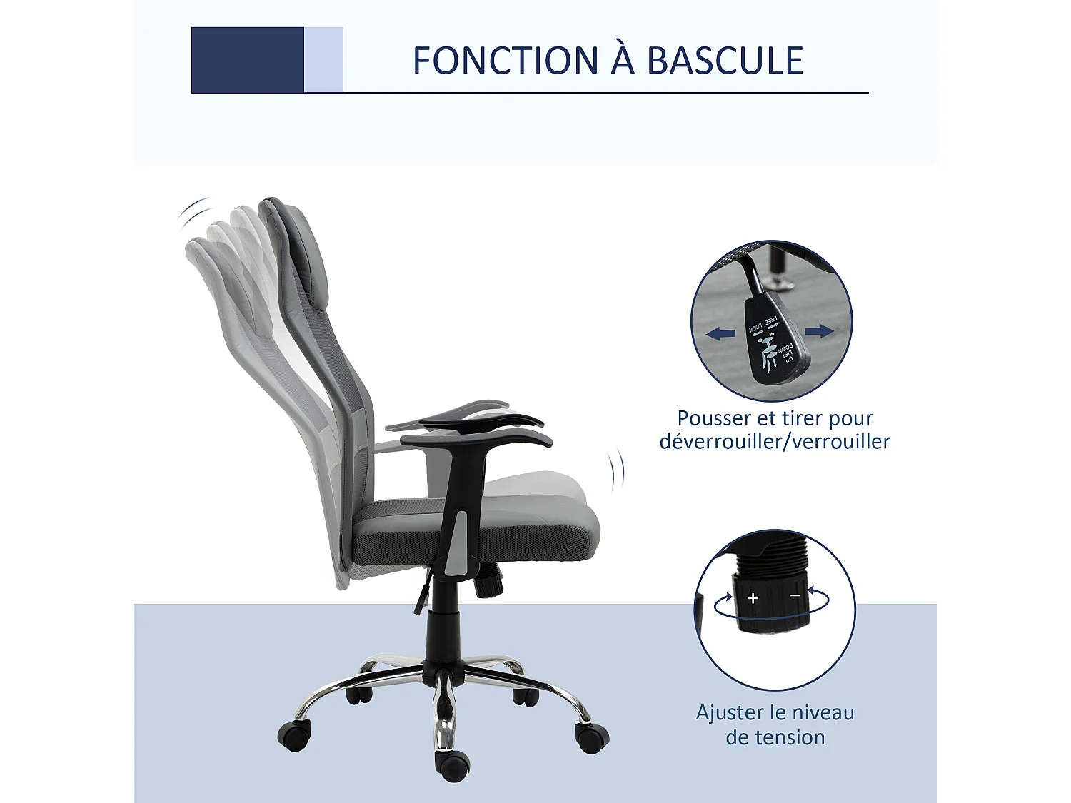 Fauteuil de bureau ergonomique hauteur assise réglable pivotant 360° revêtement synthétique et maille gris