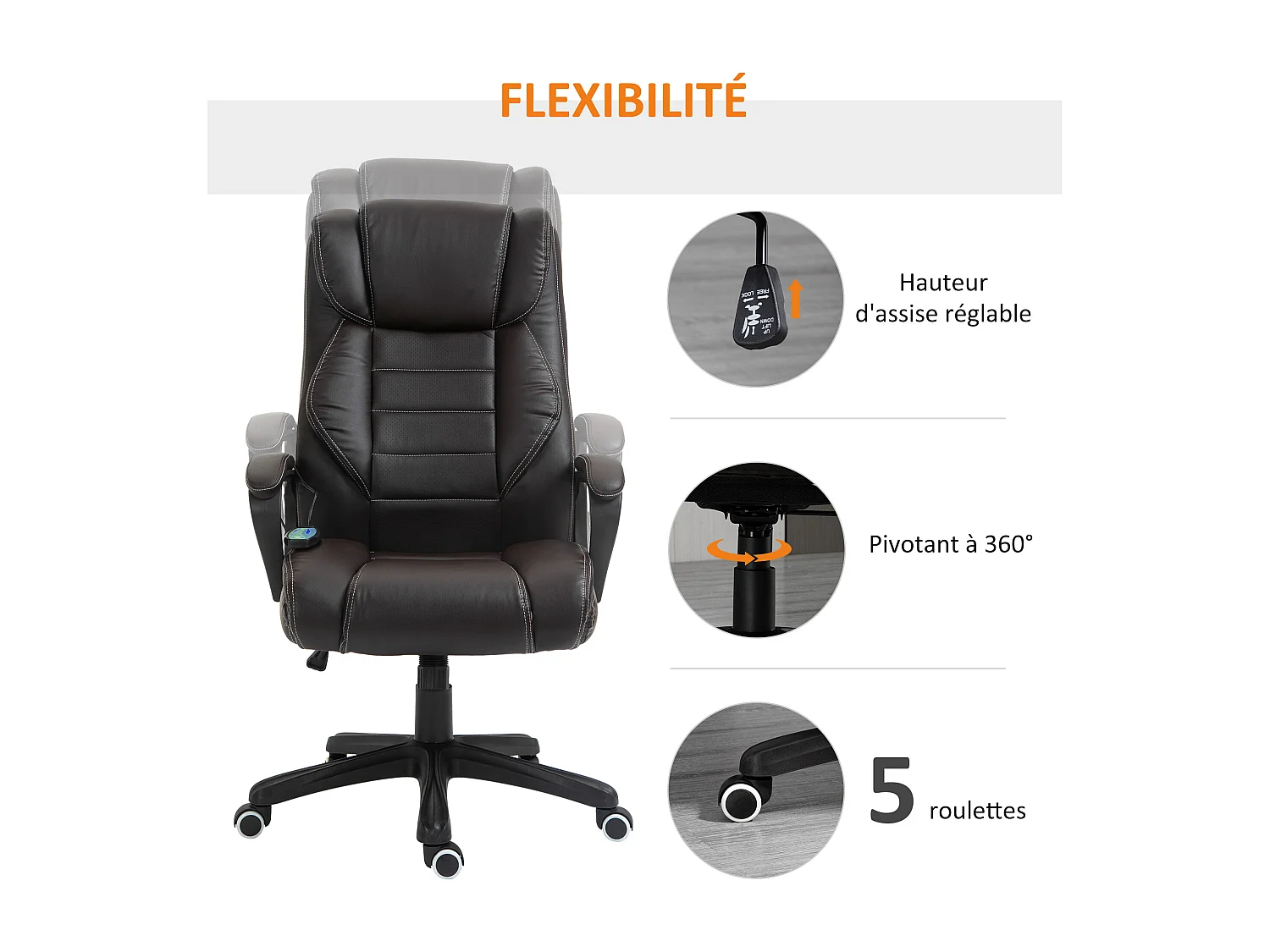 Fauteuil de bureau direction massant grand confort hauteur réglable fonction dossier à bascule revêtement synthétique chocolat