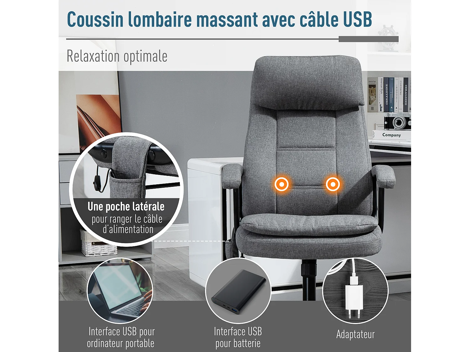 Vinsetto Fauteuil bureau manager massant pivotant hauteur réglable tissu lin gris